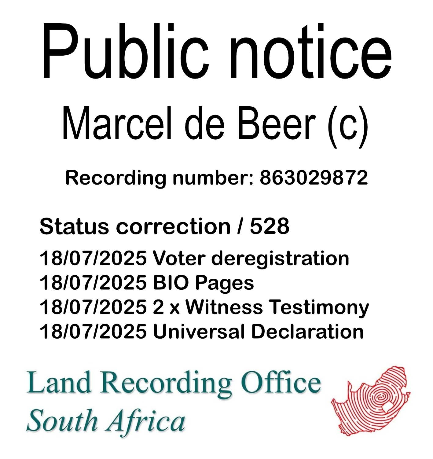 Public notice Marcel de Beer (c) Recording number 863029872